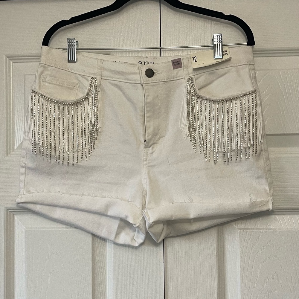 White Ana Shorts Size 12 with Rhinestones and Fringe